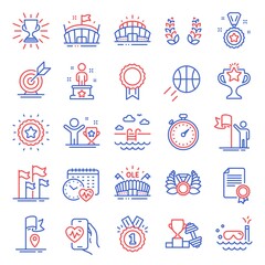 Sports icons set. Included icon as Trophy, Scuba diving, Basketball signs. Flag, Arena stadium, Leadership symbols. Cardio training, Winner cup, Success. Laurel wreath, Winner star, Reward. Vector