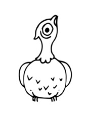 Funny bird in style of doodles. Fabulous cartoon character. Outline sketch. Hand drawing isolated on a white background. Vector