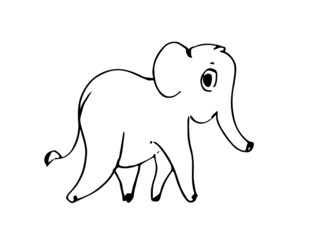 Cheerful cartoon elephant. Funny cute animal. Outline sketch. Hand drawing is isolated on a white background. Vector