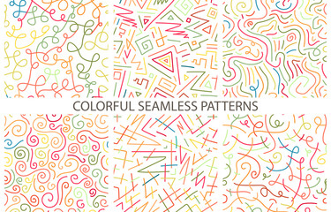 Collection of bright hand drawn seamless curly patterns - delicate design. Vector colorful trendy backgrounds