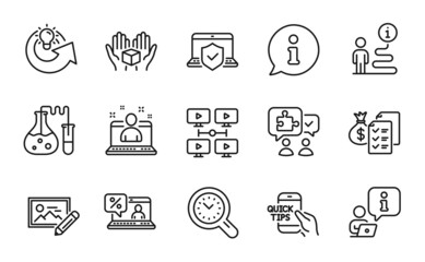 Technology icons set. Included icon as Online loan, Video conference, Education signs. Share idea, Hold box, Best manager symbols. Time management, Chemistry lab, Photo edit. Puzzle. Vector