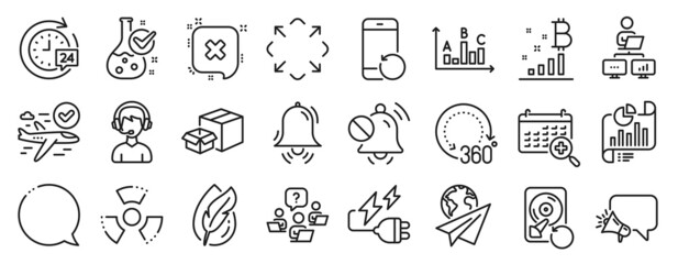 Fototapeta na wymiar Set of Technology icons, such as Chemical hazard, Electricity plug, Speech bubble icons. Mute sound, Clock bell, Hypoallergenic tested signs. Survey results, Recovery phone, Chemistry lab. Vector