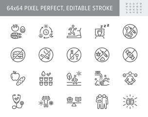 Fototapeta premium Healthy lifestyle line icons. Vector illustration include icon - fitness, yoga, walking man, hygiene, meditation, hardening outline pictogram for sport lifestyle. 64x64 Pixel Perfect, Editable Stroke