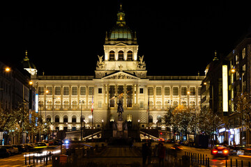 Prague at night, National Museum illuminated by lights, cityscape