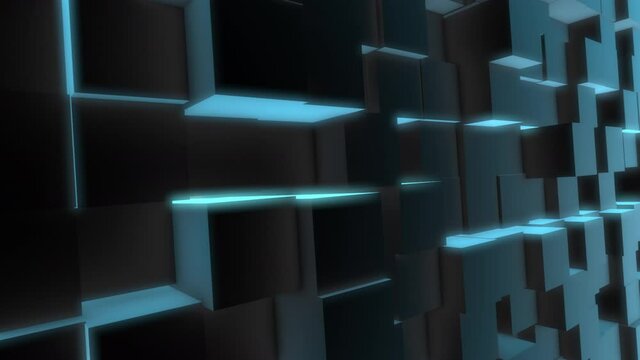 Background futuristic animation moving blocks, 3d cubes blue. Seamless loop 3D animation.