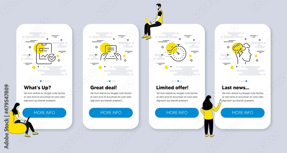 Poster vector set of education icons related to timer, report checklist and receive file icons. ui phone ap