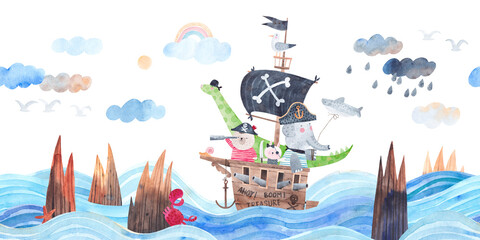 Pirate ship on the waves among the rocks. Reefs in the sea. Watercolor poster. Illustration of a pirate ship with cute animal travelers. Friends pirates on a sea adventure. - obrazy, fototapety, plakaty