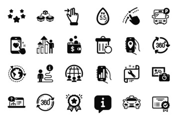 Vector Set of Technology icons related to Loyalty award, Ph neutral and 360 degree icons. Analysis app, Photo camera and Certificate signs. Outsourcing, Stars and Global business. Swipe up. Vector