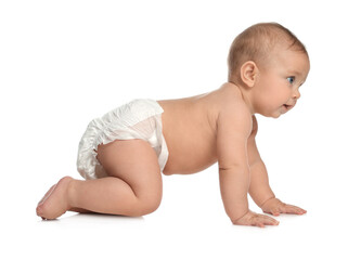 Cute little baby in diaper crawling on white background
