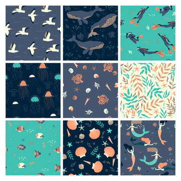 Set of seamless patterns with sea vibe. Vector graphics.