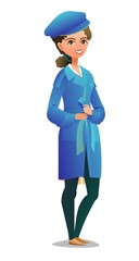 Little girl in an autumn cloak. Teen in warm clothes for rain. Cheerful person. Standing pose. Cartoon comic style flat design. Single character. Illustration isolated on white background. Vector