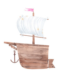 Nice wooden boat with a white sail and a red flag. Watercolor illustration. Can be used for baby t-shirt print, fashion print design, kids wear, baby shower celebration greeting and invitation card.