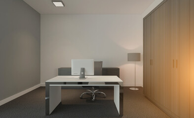 Elegant office interior. Mixed media. 3D rendering.. Sunset.. Sunset.