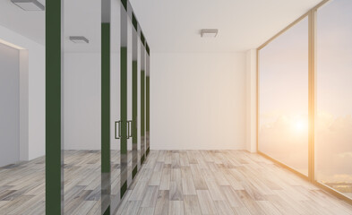 Side view of modern interior. 3D rendering.. Sunset.