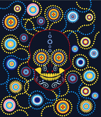 Mexican skull icon with Mandala circles background, blue and yellow color. Vector illustration 
