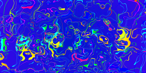 Abstract pink yellow and red lines wavy stripes on blue background.