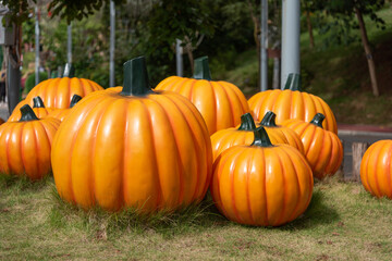 There are many pumpkin props for decoration on the grass
