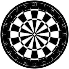 Dartscheibe oder Dartboard vektor auf isolierten weissen Hintergrund.
Dart Board als Schwarz Weiss Illustration. Zahlen im Draht design.