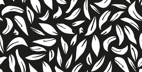Monochrome abstract leaves seamless repeat pattern. Random placed, vector organical shapes all over surface print in black and white.