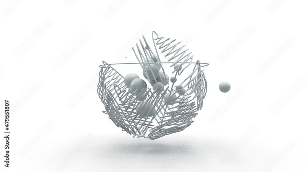 Poster 3d animation of a multitude of spheres pulsating in zero gravity and the appearance of a spherical g