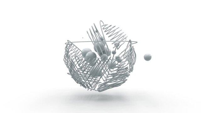 3d animation of a multitude of spheres pulsating in zero gravity and the appearance of a spherical grid around a group of balls.
