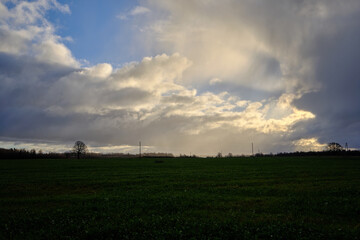 green rural farming field land with clouds in the sky