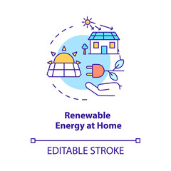 Renewable energy at home concept icon. Solar electricity. Climate change abstract idea thin line illustration. Isolated outline drawing. Editable stroke. Roboto-Medium, Myriad Pro-Bold fonts used