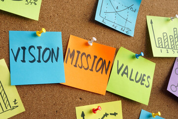 Vision, mission and values words on the colorful stickers. - obrazy, fototapety, plakaty