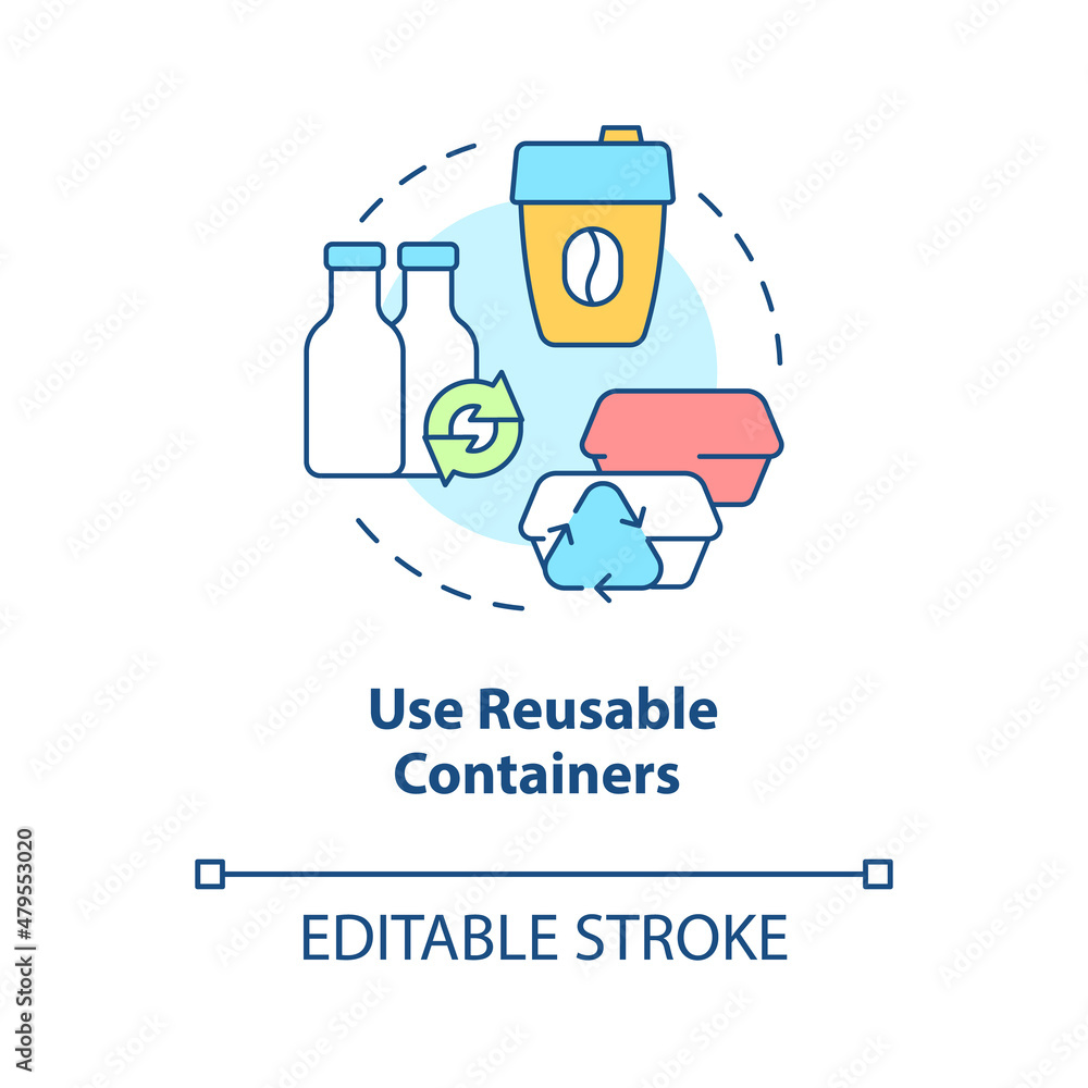 Poster use reusable containers concept icon. bottles and cups. minimize waste abstract idea thin line illus