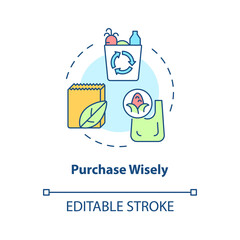Purchase wisely concept icon. Buy disposable bags. Minimize waste abstract idea thin line illustration. Isolated outline drawing. Editable stroke. Roboto-Medium, Myriad Pro-Bold fonts used