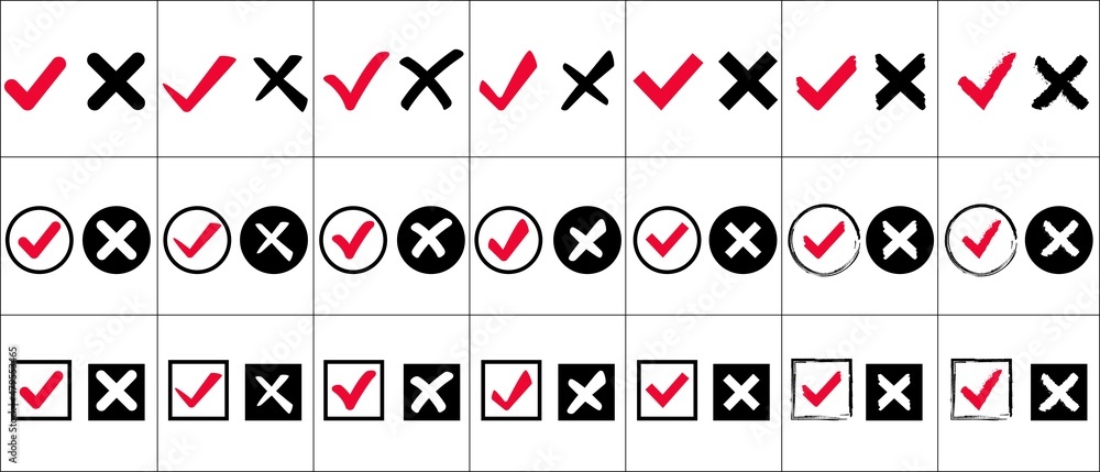 Poster set of checkmark and cross icons. the texture of circles and squares. quality control, a checklist o