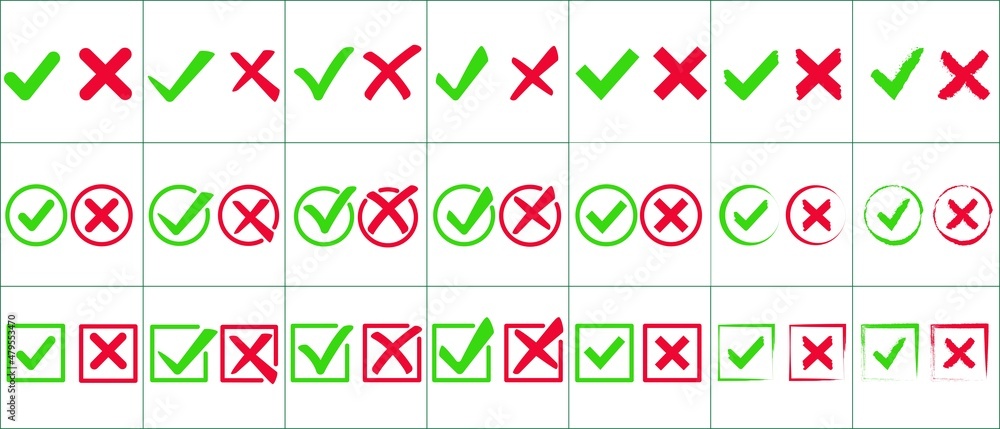 Poster set of checkmark and cross icons. the texture of circles and squares. quality control, a checklist o