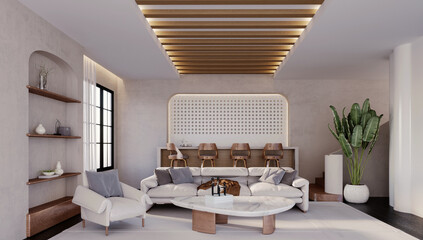 3d rendering,3d illustration, Interior Scene and  Mockup,Living room and drink bar in modern minimalist Japanese style, plaster walls alternately painted in white, decorated with wood grain details.
