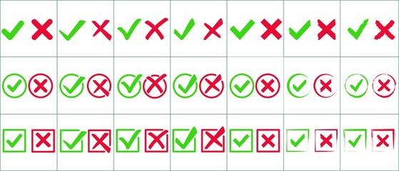 Set of checkmark and cross icons. The texture of circles and squares. Quality control, a checklist of signs, an approval and denial icon. For banners, posters, landing pages of websites. Vector
