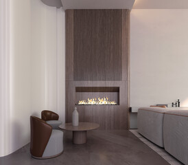 3d rendering,3d illustration, Interior Scene and  Mockup,Corner fireplace in a minimal style, looking warm tones of wood, warm leather armchairs and gray fabric upholstery.