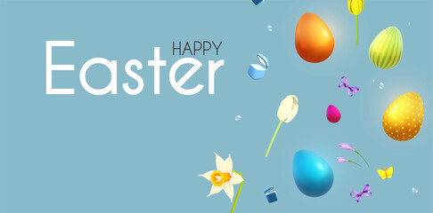 Easter poster template with flowers, eggs, gift box and bunny. Holiday design.