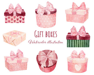 Fototapeta Set of watercolor gift boxes isolated on white background. obraz