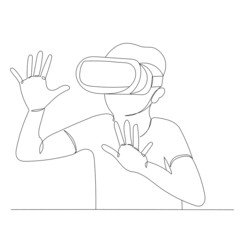 boy wearing virtual reality glasses one continuous line drawing, isolated, vector