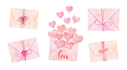 Set of watercolor envelopes isolated on white background. Can be used for valentine's day, greeting cards and invitations.