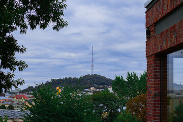 Obraz premium outskirts landmark hill with TV tower on it moody urban view, foreground frame foliage tree and brick building corner, cloudy sky background