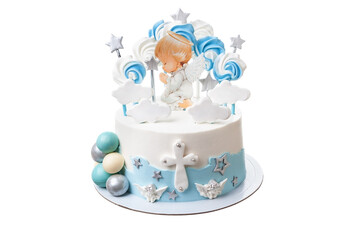 Decorative delicious cake for the baptism of a baby in the form of a praying angel. On white...