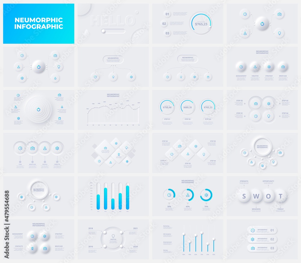 Poster set of light neumorphic infographic slides. business data visualization for presentation. unique neu