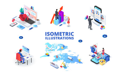 Set of light isometric illustrations. Global delivery, online shopping, invesment and workspace