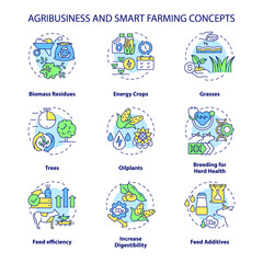 Agribusiness and smart farming concept icons set. Feed efficiency and additive idea thin line color illustrations. Isolated outline drawings. Editable stroke. Roboto-Medium, Myriad Pro-Bold fonts used