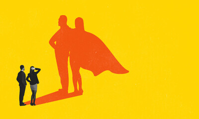 Contemporary art collage of man and woman, employee looking on their superhero shadow symbolizing...