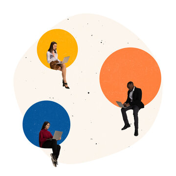 Creative design. Contemporary art collage of employees working with laptop. Teleworking