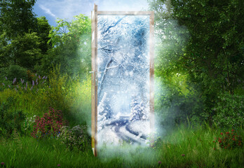 Open door from summer green nature environment to the winter landscape world location. Winter summer changing, traveling, vacation, tourism, earth climate balance, ecology 3d eco concept illustration