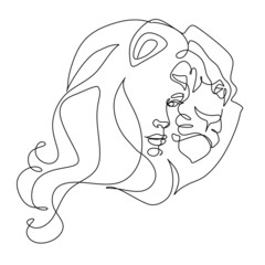 Beautiful woman with lion Line art illustration vector