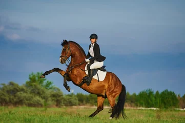 Foto op Plexiglas A horse rider girl is training a horse. The horse stood on its hind legs  © Rakursstudio