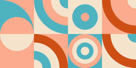 Modern vector abstract  geometric background with circles, rectangles and squares  in retro scandinavian style. Pastel colored simple shapes graphic pattern. Abstract mosaic artwork.